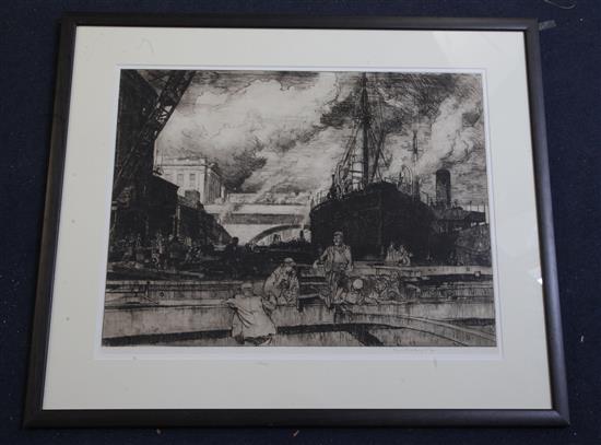 Frank Brangwyn (1867-1956) Docklands scene 16.5 x 22in.